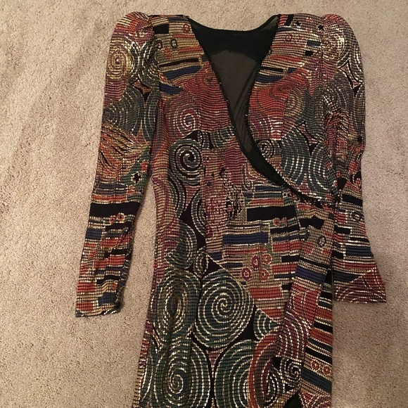 Janine- Designer Vintage Long-Sleeve Multicolored Mosaic Cocktail Midi Dress - Picture 8 of 12